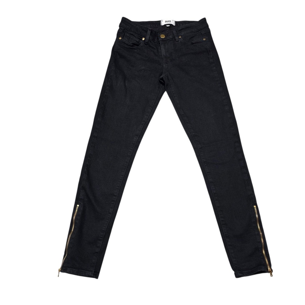 Paige Verdugo Ankle Jeans Women 27 Black Cotton Blend Gold Zipper Hem Skinny‎